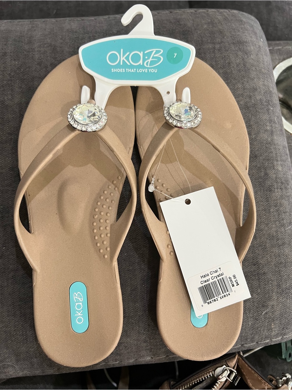 OKA b. Women's Halo Flip Sandals in Taupe with Clear Crystal